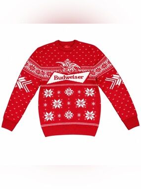 Budweiser Christmas Sweater Red White Snowflake Fair Isle Knit Medium Unisex